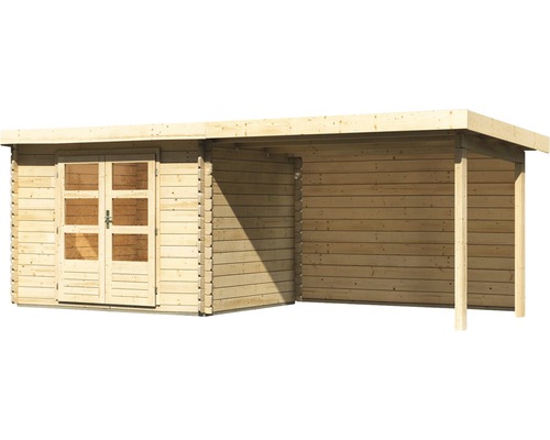 Holzgartenhaus mit Doppeltür und überdachtem Bereich