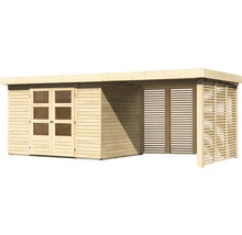 Gartenhaus Karibu Kodiak 4 inkl. Anbaudach 2,8 m, Feuerholzoption 591,5 x 238 cm natur