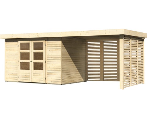 Abri de jardin en bois avec double porte et abri latéral