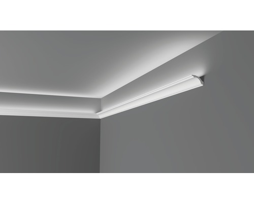 Moulure de plafond/moulure à LED Z1220, 1 x 2 m, 75 x 50 mm Corniche de plafond dans une pièce avec éclairage indirect