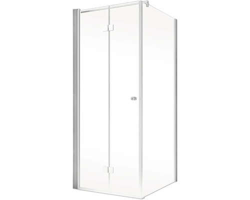 Eckdusche mit transparenter Glastür und silberfarbenem Rahmen
