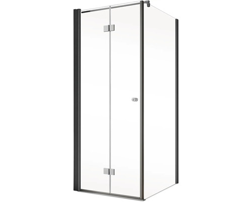 Douche d''angle avec deux portes pivotantes en verre clair