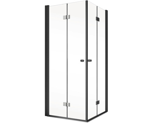 Eckdusche mit klaren Glaswänden und dunklem Rahmen