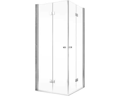 Cabine de douche d''angle avec parois en verre transparent et portes battantes