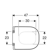 Technische Zeichnung eines Toilettendeckels mit Maßangaben.