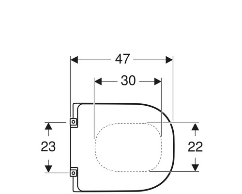Technische Zeichnung eines Toilettendeckels mit Maßangaben.