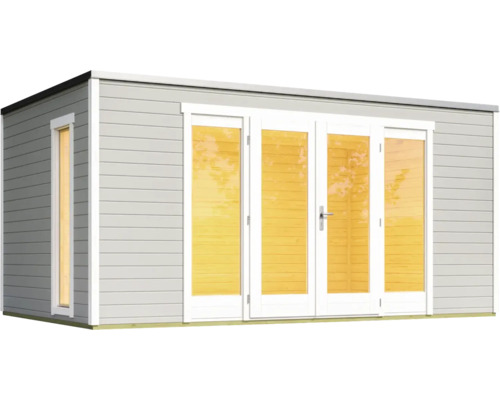 Abri de jardin en bois avec fenêtres et portes vitrées