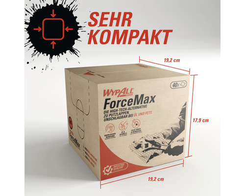 Lingettes de nettoyage WyPall ForceMax dans une boîte en carton avec indications de taille