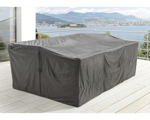 Schutzhülle Destiny für Sitzgruppen 270x250x80cm, inkl. Aufbewahrungstasche Graue Schutzhülle für Gartenmöbel auf einer Terrasse mit Ausblick