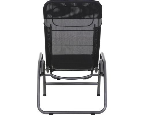 Chaise longue de jardin avec cadre en acier et revêtement en maille, vue arrière.