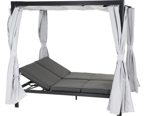 Loungebett Siena Garden Waikiki anthrazit Gestell Aluminium, Fläche Ranotex®-Gewebe, inkl. Dach und Seitenteile in hellgrau Doppelliege mit Vorhängen und verstellbarer Rückenlehne für den Garten