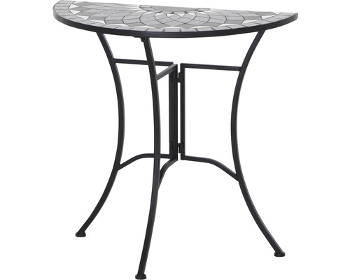 Gartentisch Gardamo Como halbrund 70 cm Gestell aus Stahl in matt schwarz, Gartentischplatte aus Keramik in dunkelgrau Halbrunder Mosaiktisch mit schwarzem Metallgestell für den Garten