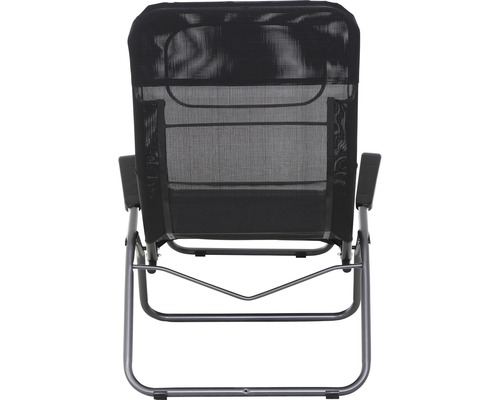 Chaise de jardin avec revêtement en tissu mesh noir et cadre en acier, vue arrière.