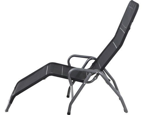 Chaise longue de jardin réglable avec cadre en métal et revêtement en tissu.