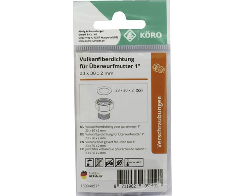 Vulkanfiberdichtung für Überwurfmutter 1 Zoll, 23 x 30 x 2 Millimeter