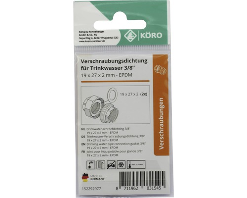 Joint de raccordement pour eau potable 3/8 pouce, 19 x 27 x 2 millimètres, EPDM
