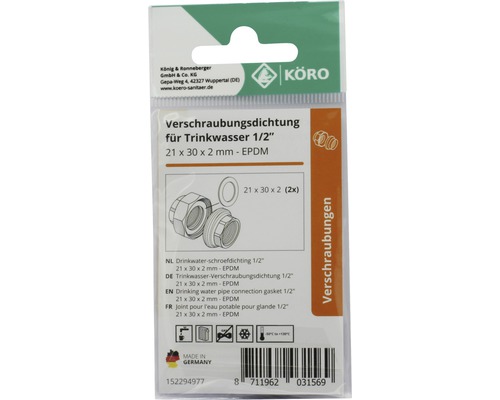 KÖRO Verschraubungsdichtung für Trinkwasser 1/2 Zoll, 21 x 30 x 2 Millimeter, EPDM