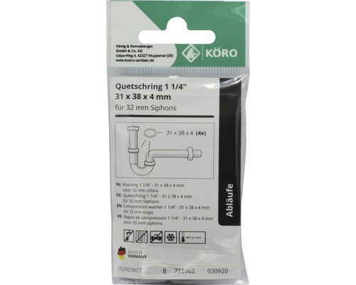 Joint de compression KÖRO 1 1/4 pouce, 31 x 38 x 4 millimètres pour siphons de 32 millimètres, vue de l''emballage