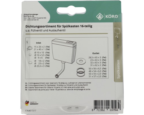 Assortiment de joints pour réservoir de chasse d''eau, 16 pièces, comprenant soupape de remplissage et de sortie
