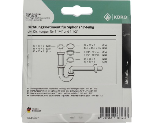 Assortiment de joints pour siphons, 17 pièces, mesures diverses pour 1 1/4 pouce et 1 1/2 pouce