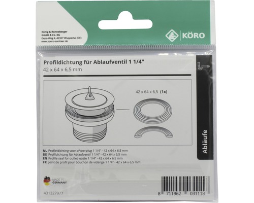 Profildichtung für Ablaufventil 1 1/4 Zoll, Größe 42 x 64 x 6,5 mm