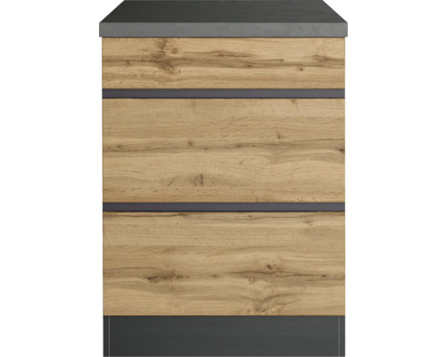 Meuble bas avec deux tiroirs et décor bois