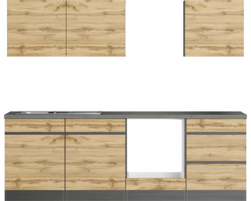 Cuisine équipée avec éléments hauts et bas aspect bois et plan de travail gris