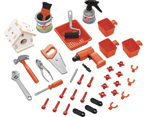 Spielzeugwerkzeugset mit Hammer, Schraubenzieher, Säge, Zange und weiterem Zubehör