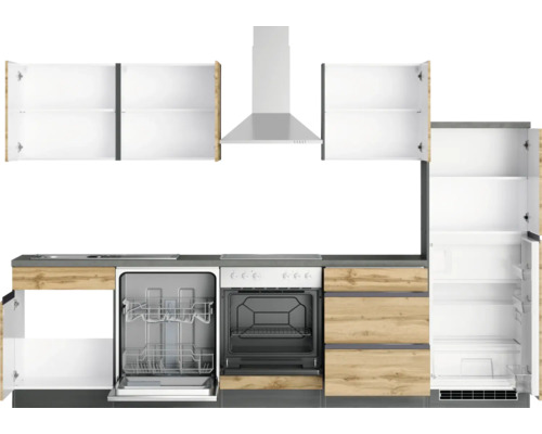 Komplette Küche mit Hängeschränken, Dunstabzugshaube, Spülmaschine, Ofen und Kühlschrank.
