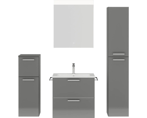 Set de meubles de salle de bains NOBILIA Programm 2 lxhxp 140 x 169,1 x 48,7 cm couleur de façade gris haut brillance avec meuble à vasque blanc et miroir avec éclairage LED armoire midi meuble bas poignée chrome mat 189