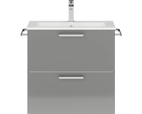 Badmöbel-Set NOBILIA Programm 2 BxHxT 61 x 59,1 x 48,7 cm Frontfarbe grau hochglanz mit Möbel-Waschtisch Griff chrom matt 165 Waschbeckenunterschrank mit zwei Schubladen und Handtuchhalter