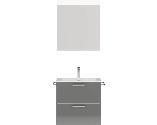 Set de meubles de salle de bains NOBILIA Programm 2 lxhxp 61 x 169,1 x 48,7 cm couleur de façade gris haute brillance avec meuble à vasque blanc et miroir avec éclairage LED poignée chrome mat 173