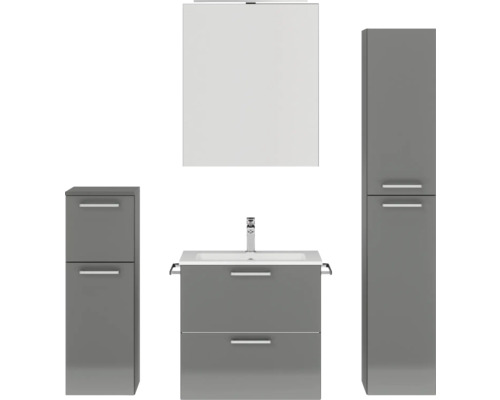 Set de meubles de salle de bains NOBILIA Programm 2 lxhxp 140 x 169,1 x 48,7 cm couleur de façade gris haute brillance avec meuble à vasque et armoire de toilette à 1 porte avec éclairage LED meuble bas armoire midi poignée chrome mat 197