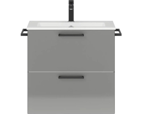 Badmöbel-Set NOBILIA Programm 2 BxHxT 61 x 59,1 x 48,7 cm Frontfarbe grau hochglanz mit Möbel-Waschtisch Griff schwarz 164 Waschtischunterschrank mit zwei Schubladen, Waschbecken und Armatur