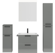 Ensemble de salle de bains gris avec meuble-lavabo, armoire de toilette et deux armoires hautes