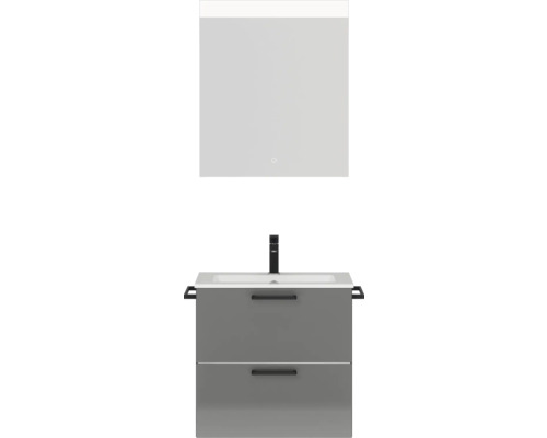 Badmöbel-Set NOBILIA Programm 2 BxHxT 61 x 169,1 x 48,7 cm Frontfarbe grau hochglanz mit Möbel-Waschtisch weiß und Spiegel mit LED-Beleuchtung Griff schwarz 172