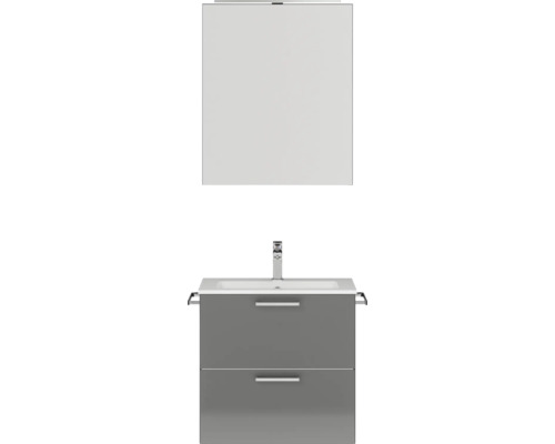 Badmöbel-Set NOBILIA Programm 2 BxHxT 61 x 169,1 x 48,7 cm Frontfarbe grau hochglanz mit Möbel-Waschtisch und Spiegelschrank 1-türig mit LED-Beleuchtung Griff chrom matt 181 Badezimmerset mit Waschbeckenunterschrank, Waschtisch und Spiegel