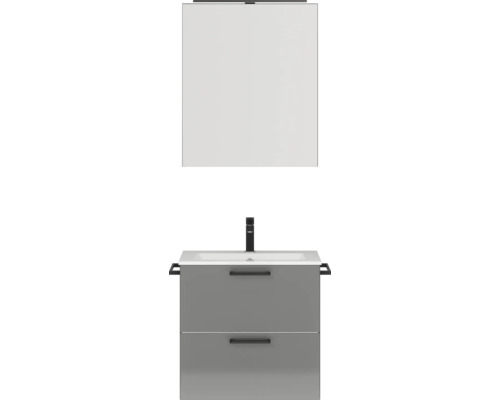 Badmöbel-Set NOBILIA Programm 2 BxHxT 61 x 169,1 x 48,7 cm Frontfarbe grau hochglanz mit Möbel-Waschtisch und Spiegelschrank 1-türig mit LED-Beleuchtung Griff schwarz 180