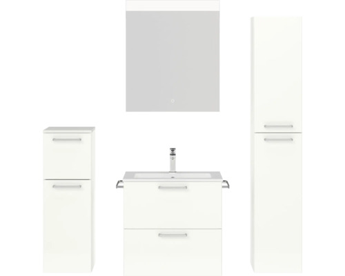 Badmöbel-Set NOBILIA Programm 2 BxHxT 140 x 169,1 x 48,7 cm Frontfarbe weiß hochglanz mit Möbel-Waschtisch weiß und Spiegel mit LED-Beleuchtung Midischrank Unterschrank Griff chrom matt 187
