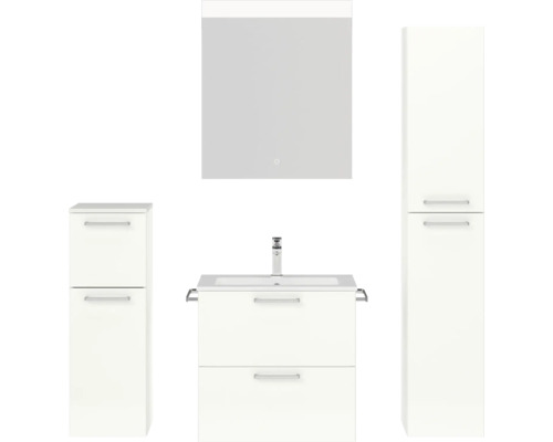 Set de meubles de salle de bains NOBILIA Programm 2 lxhxp 140 x 169,1 x 48,7 cm couleur de façade blanc haut brillance avec meuble à vasque blanc et miroir avec éclairage LED armoire midi meuble bas poignée chrome mat 187