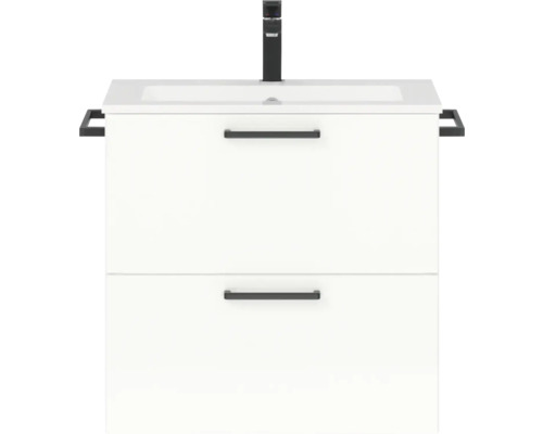 Badmöbel-Set NOBILIA Programm 2 BxHxT 61 x 59,1 x 48,7 cm Frontfarbe weiß hochglanz mit Möbel-Waschtisch Griff schwarz 162 Waschtischunterschrank mit zwei Schubladen, Waschbecken und Armatur
