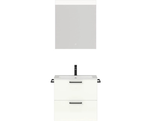 Badmöbel-Set NOBILIA Programm 2 BxHxT 61 x 169,1 x 48,7 cm Frontfarbe weiß hochglanz mit Möbel-Waschtisch weiß und Spiegel mit LED-Beleuchtung Griff schwarz 170