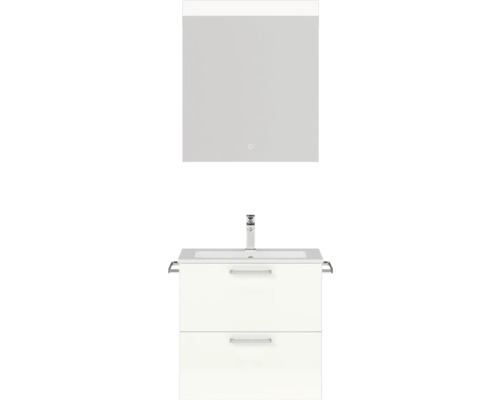 Set de meubles de salle de bains NOBILIA Programm 2 lxhxp 61 x 169,1 x 48,7 cm couleur de façade blanc haute brillance avec meuble à vasque blanc et miroir avec éclairage LED poignée chrome mat 171