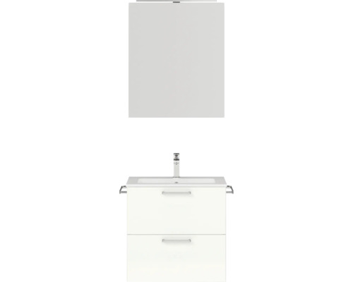 Set de meubles de salle de bains NOBILIA Programm 2 lxhxp 61 x 169,1 x 48,7 cm couleur de façade blanc haute brillance avec meuble à vasque et armoire de toilette à 1 porte avec éclairage LED poignée chrome mat 179