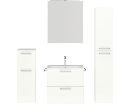 Set de meubles de salle de bains NOBILIA Programm 2 lxhxp 140 x 169,1 x 48,7 cm couleur de façade blanc haute brillance avec meuble à vasque et armoire de toilette à 1 porte avec éclairage LED meuble bas armoire midi poignée chrome mat 195