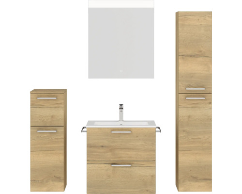 Set de meubles de salle de bains NOBILIA Programm 2 lxhxp 140 x 169,1 x 48,7 cm couleur de façade chêne naturel avec meuble à vasque blanc et miroir avec éclairage LED armoire midi meuble bas poignée chrome mat 191