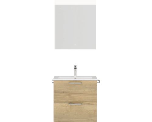 Set de meubles de salle de bains NOBILIA Programm 2 lxhxp 61 x 169,1 x 48,7 cm couleur de façade chêne naturel avec meuble à vasque blanc et miroir avec éclairage LED poignée chrome mat 175