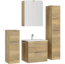 Badezimmerset mit Waschtischunterschrank, Waschbecken, Spiegelschrank und Hochschrank