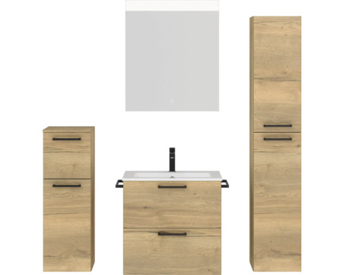 Set de meubles de salle de bains NOBILIA Programm 2 lxhxp 140 x 169,1 x 48,7 cm couleur de façade chêne naturel avec meuble à vasque blanc et miroir avec éclairage LED armoire midi meuble bas poignée noir 190