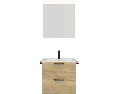 Set de meubles de salle de bains NOBILIA Programm 2 lxhxp 61 x 169,1 x 48,7 cm couleur de façade chêne naturel avec meuble à vasque blanc et miroir avec éclairage LED poignée noir 174